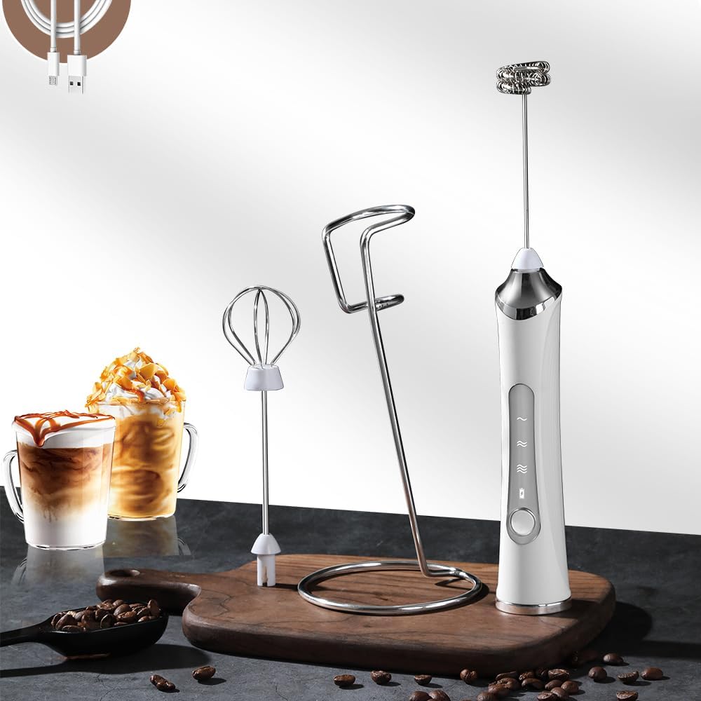 Ziboola Milk Frother Handheld-Electric Mini Hand Mixer 3 Speed Adjustable with Stainless 2 Whisks, for Coffee, Cappuccino, Frappe, Lattes, Matcha, Hot Chocolate, White