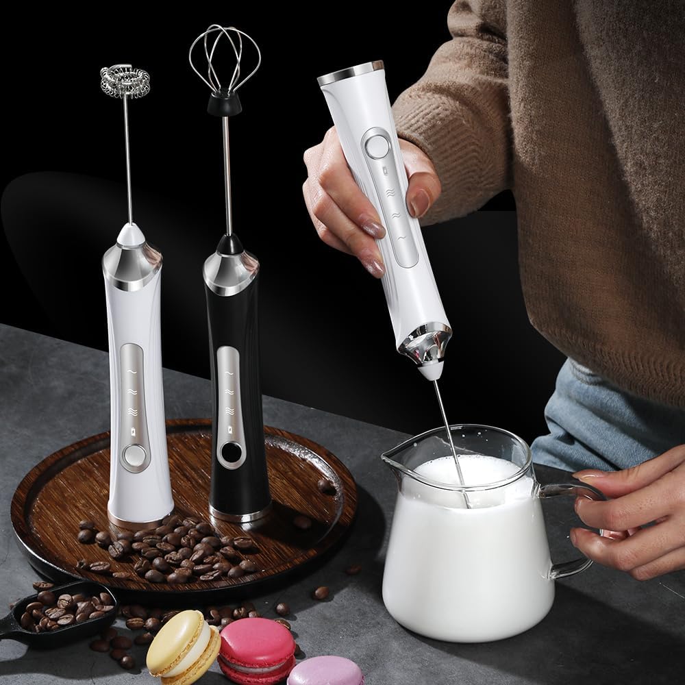 Ziboola Milk Frother Handheld-Electric Mini Hand Mixer 3 Speed Adjustable with Stainless 2 Whisks, for Coffee, Cappuccino, Frappe, Lattes, Matcha, Hot Chocolate, White